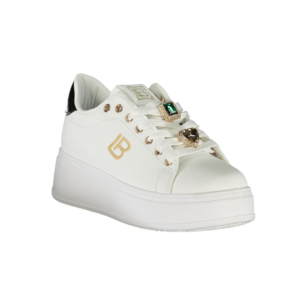Laura Biagiotti White Synthetic Women Sneaker with rhinestone embellishments and 4 cm wedge for stylish comfort.