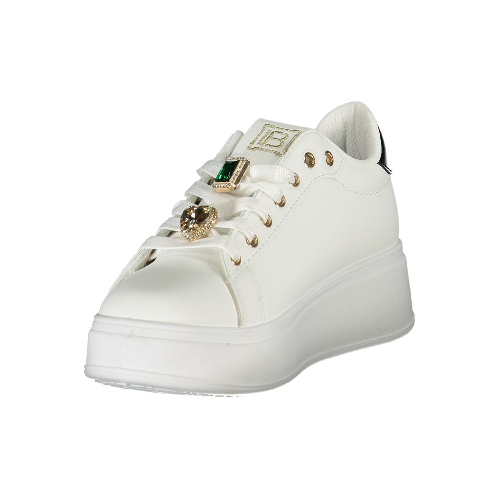 Laura Biagiotti White Synthetic Women Sneaker with rhinestone embellishments and a 4 cm wedge for stylish comfort.