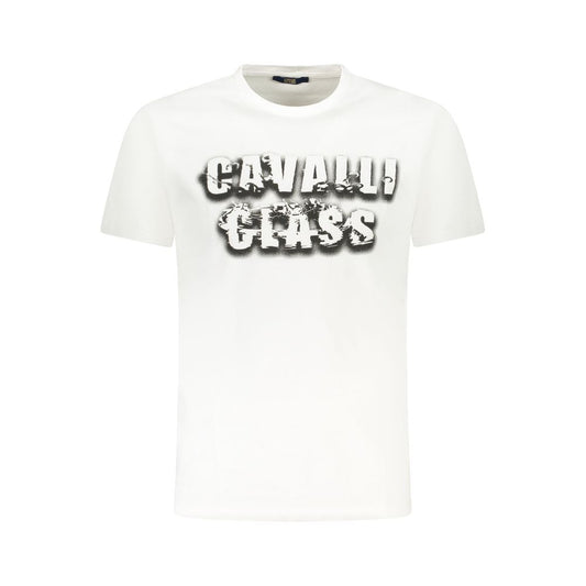 Cavalli Class White Cotton Men T-Shirt with bold print logo, casual luxury premium short-sleeve crew neck for stylish gentlemen.