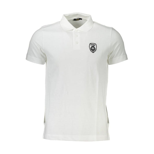 Cavalli Class White Cotton Men Polo Shirt with logo embroidery, luxury short sleeve polo fashion, tailored for style and comfort.