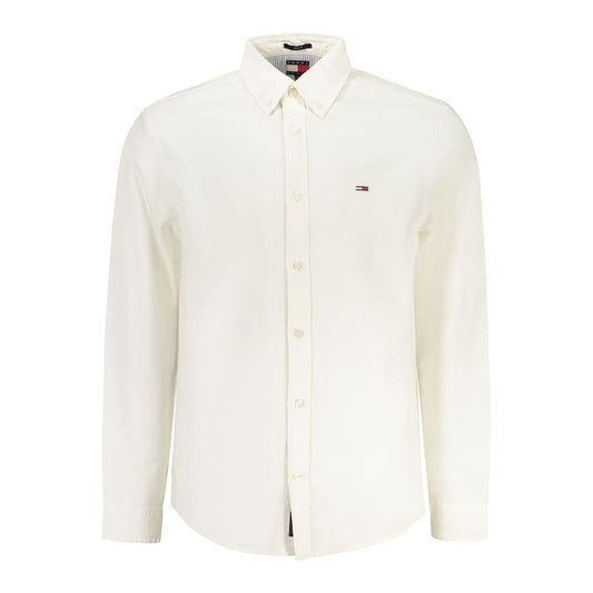 Tommy Hilfiger White Cotton Men Shirt, long sleeve, button-down collar, iconic logo, classic and contemporary style.