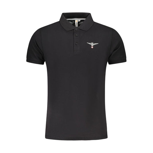 Accademia Militare Black Cotton Polo Shirt with short sleeves and eagle logo, featuring 3 buttons and a printed design.