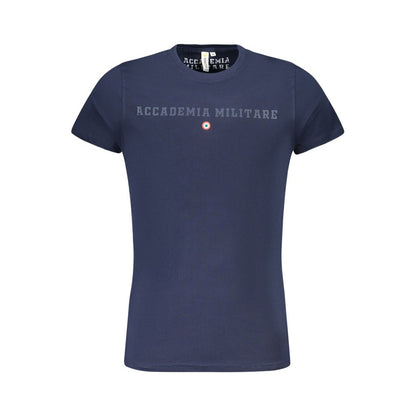 Alt Tag: Accademia Militare Blue Cotton T-Shirt with short sleeves, crew neck, and logo print, featuring extended academy design.