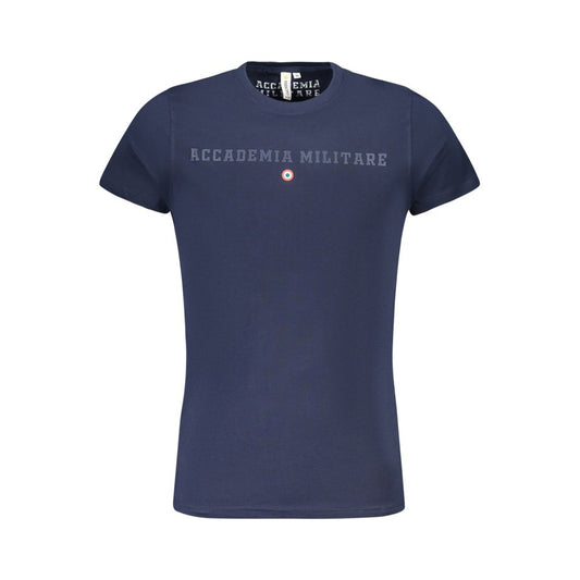 Alt Tag: Accademia Militare Blue Cotton T-Shirt with short sleeves, crew neck, and logo print, featuring extended academy design.