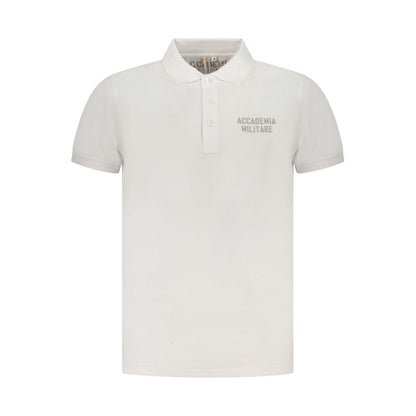 Accademia Militare White Cotton Polo Shirt with short sleeves, 3 buttons, military academy logo, front print, classic design.
