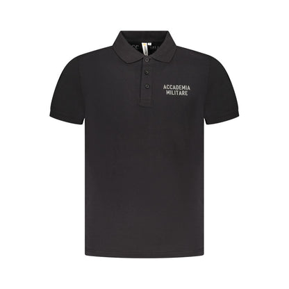 Accademia Militare Black Cotton Polo Shirt with short sleeves, 3 buttons, and logo print. Ideal for a stylish, casual look.
