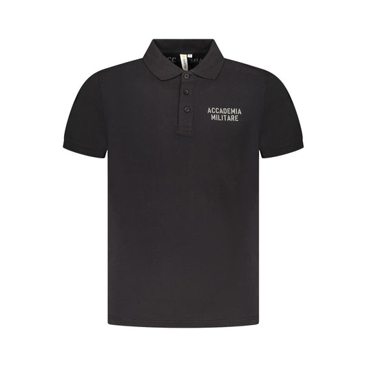 Accademia Militare Black Cotton Polo Shirt with short sleeves, 3 buttons, and logo print. Ideal for a stylish, casual look.