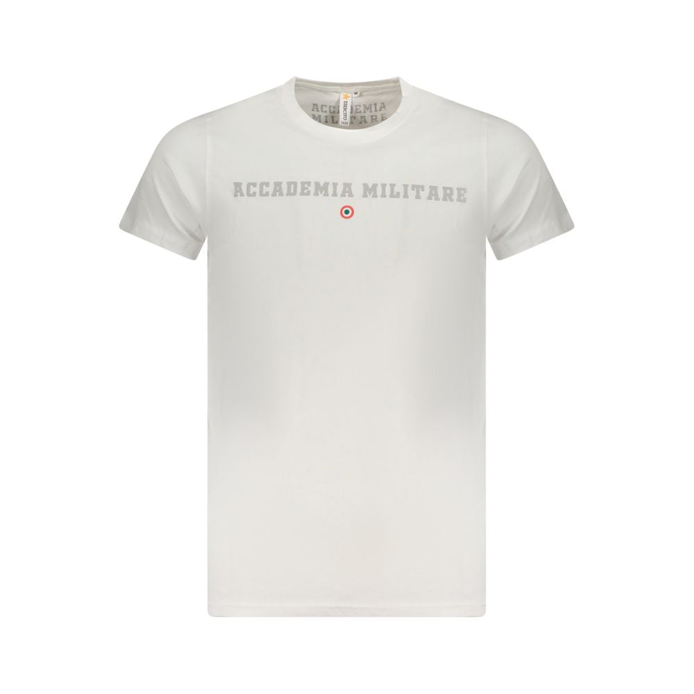 Alt Tag: Accademia Militare White Cotton T-Shirt with logo print, short sleeves, crew neck, and extended academy design.