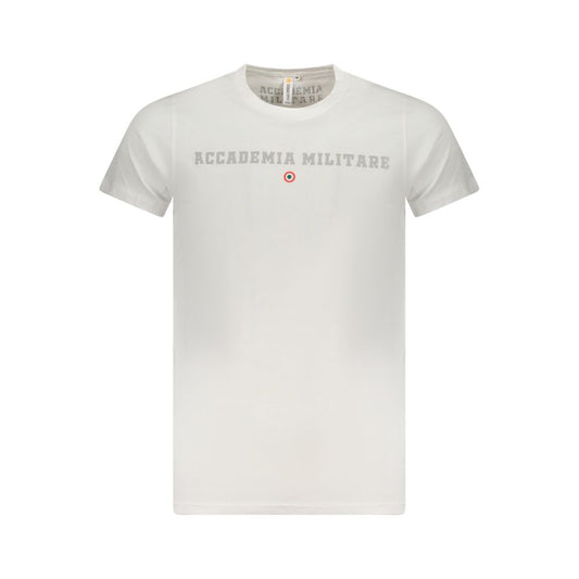 Alt Tag: Accademia Militare White Cotton T-Shirt with logo print, short sleeves, crew neck, and extended academy design.