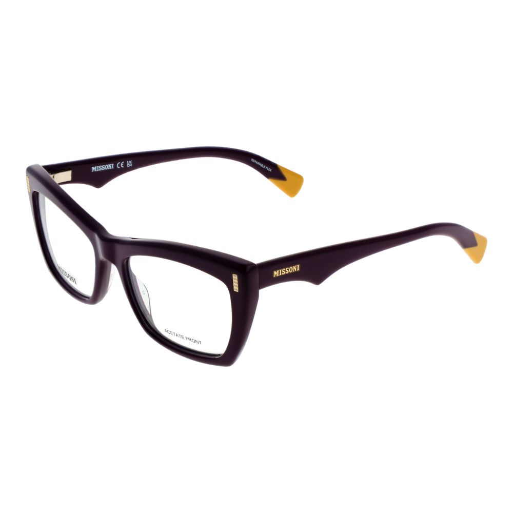 Missoni Purple Women Glasses Frame, full-rim acetate with demo lenses, butterfly style, size 53-17-145, includes branded case.