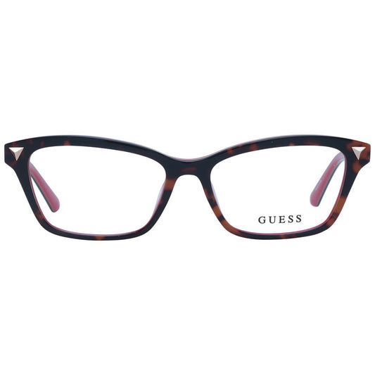 Guess Brown Women Glasses Frame with full-rim rectangular design, metal and plastic materials, demo lenses, and included branded case.
