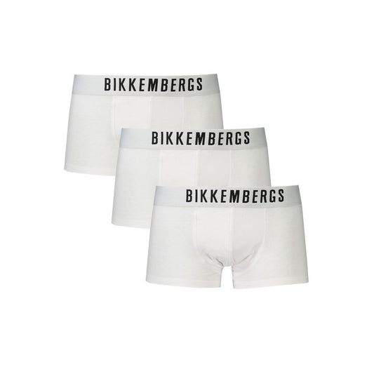 Alt Tag: Bikkembergs White Cotton Underwear tri-pack with elastic waistband and logo print, elegant boxer parigamba style.