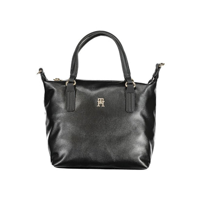 Tommy Hilfiger Black Polyester Handbag with two handles, removable shoulder strap, internal pocket, and zip closure featuring logo.