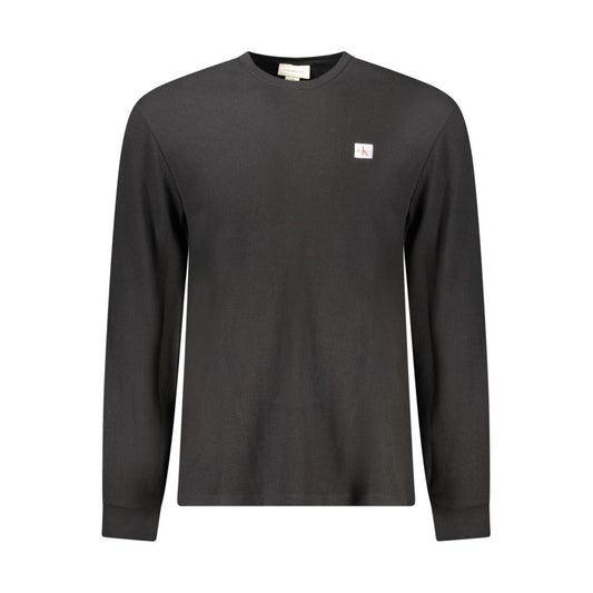 Calvin Klein Black Cotton Men Sweater, long-sleeved crew neck shirt with logo for modern sophistication and comfort.