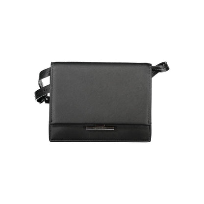 Calvin Klein Black Polyethylene Handbag with adjustable strap, three compartments, snap closure, and logo detailing.