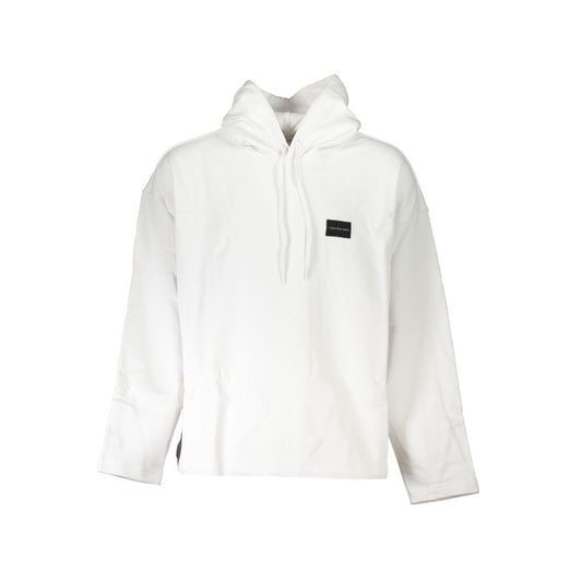 Calvin Klein White Cotton Men Sweater featuring a sleek design, eco-friendly 100% recycled cotton, with CK logo and central pocket.
