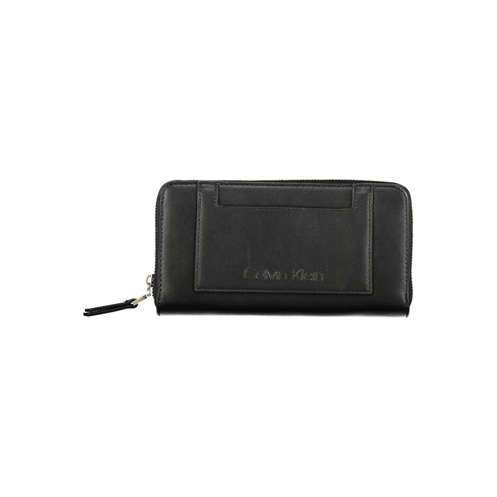Calvin Klein Black Polyester Wallet with zip closure, 5 compartments, coin purse, card slots, external pocket, and logo detailing.