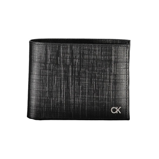 Calvin Klein Black Leather Wallet with logo, featuring RFID blocking, 2 compartments, coin purse, and card spaces.