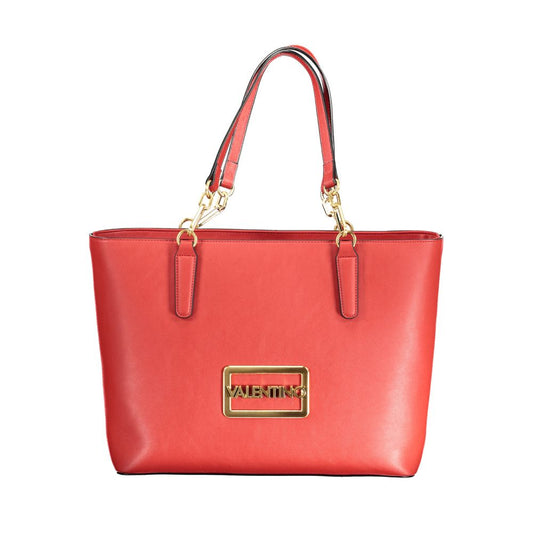 Alt Tag: Mario Valentino Red Polyethylene Handbag with two shoulder handles, adjustable strap, internal pockets, and protective feet.