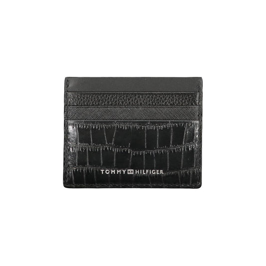 Tommy Hilfiger Black Leather Wallet with card holder and contrast details featuring logo. Sleek design for stylish organization.