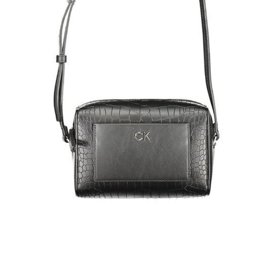 Calvin Klein Black Polyester Handbag with adjustable strap, external and internal pockets, zip closure, and contrast details.