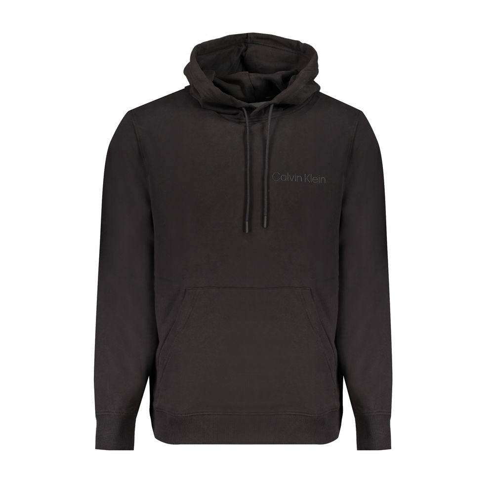 Calvin Klein Black Cotton Men Sweater with hood, front pocket, and iconic logo, perfect for modern trendsetters seeking comfort and style.