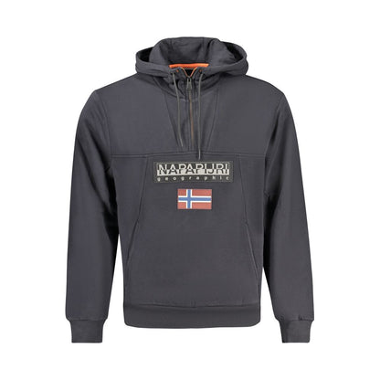 Napapijri Black Cotton Men Hoodie with logo, 1/2 zip, twin pockets, crafted from organic cotton for comfort and style