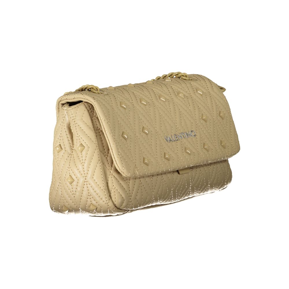 Mario Valentino Beige Polyester Handbag with chain shoulder strap, contrasting details, zip and clip closure, and logo.