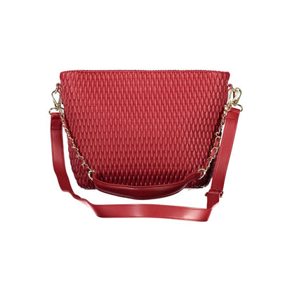 Mario Valentino Red Polyethylene Handbag with removable strap, internal pockets, and zip closure, showcasing luxurious contrasting details.