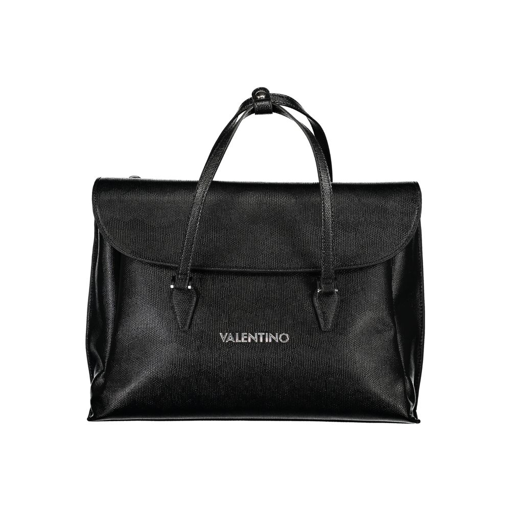 Mario Valentino Black Polyethylene Handbag with logo, two handles, and adjustable strap, featuring laptop and phone holders, snap closure.