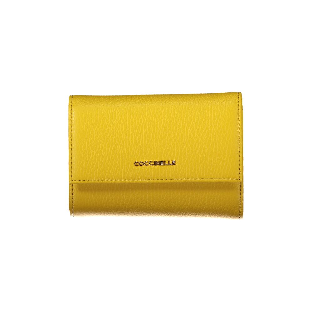Coccinelle Yellow Leather Wallet with metallic finish, 3 compartments, card slots, external coin pocket, and logo detail.
