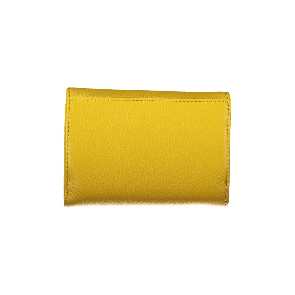 Coccinelle Yellow Leather Wallet with metallic finish, 3 compartments, card spaces, external coin pocket, and zip closure.