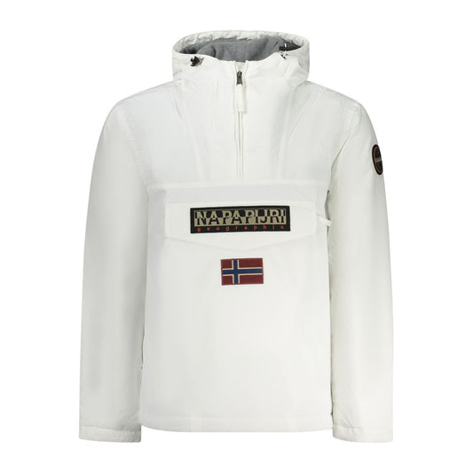 Napapijri White Polyamide Men Jacket with hood, central pocket, and sleek white design.
