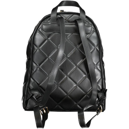 Mario Valentino Black Polyethylene Backpack with quilted design, adjustable straps, and logo accents, featuring external and internal pockets.