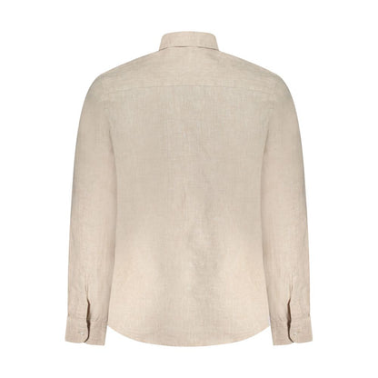 North Sails Beige Linen Shirt with long sleeves and Italian collar, back view showing 1 button cuffs and embroidered logo
