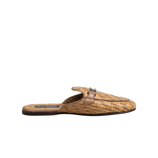 Dolce & Gabbana Beige Rattan Flat Mule Men Sandals Shoes
