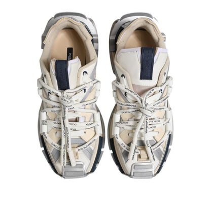 Dolce & Gabbana Multicolor Space Low Top Men Sneakers Shoes with lace-up closure and logo details, showcasing white and beige design.