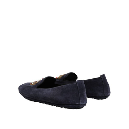 Dolce & Gabbana Blue Suede Crown Crystal Loafers Dress Shoes