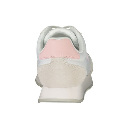 Back view of Calvin Klein White Leather Women Sneaker with pink accents and logo, showcasing modern design and comfort.