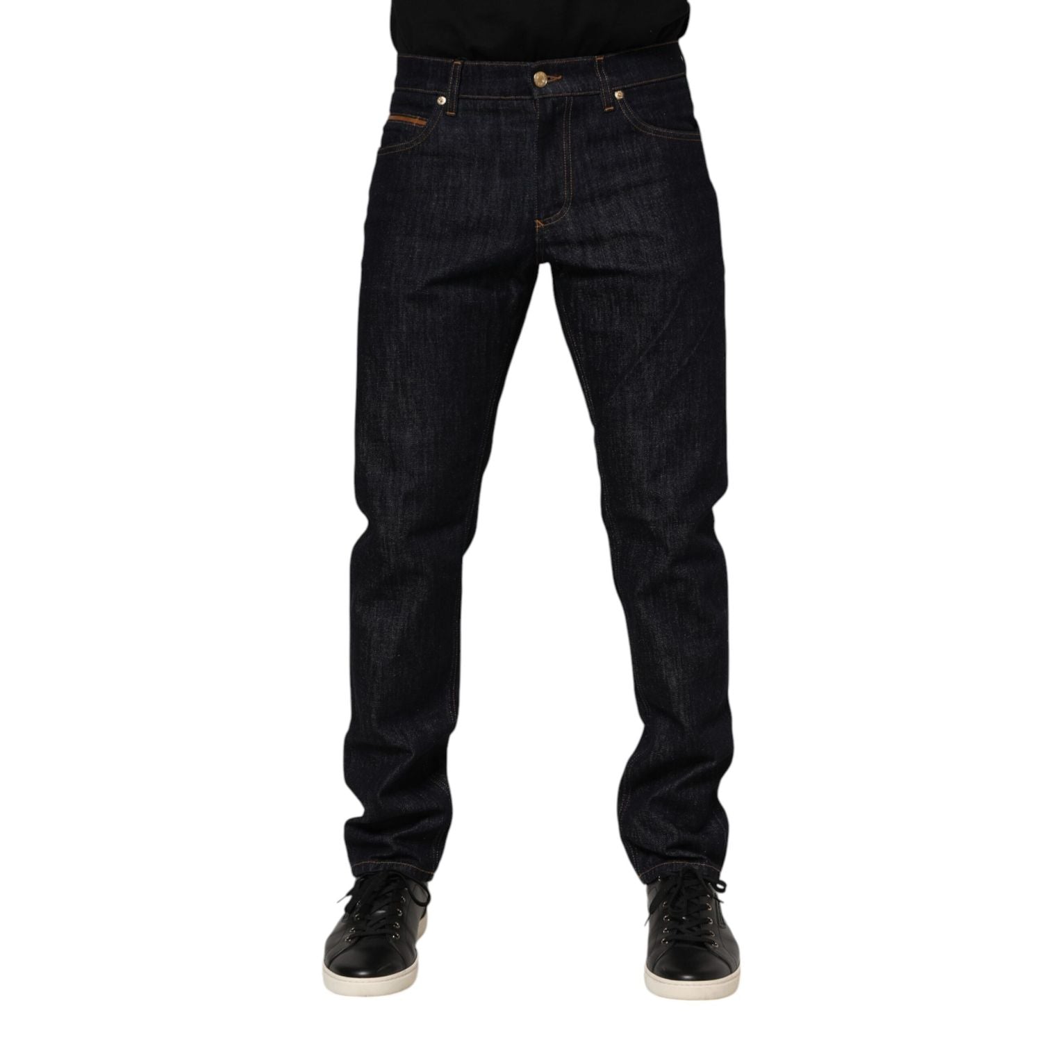Dolce & Gabbana Dark Blue Cotton Logo Plaque Men Denim Jeans