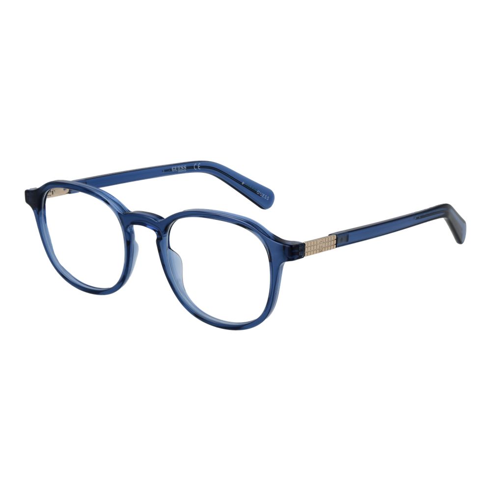 Guess Blue Unisex Glasses Frame, round full-rim style, plastic and metal, with demo lenses, blue color, includes branded case.