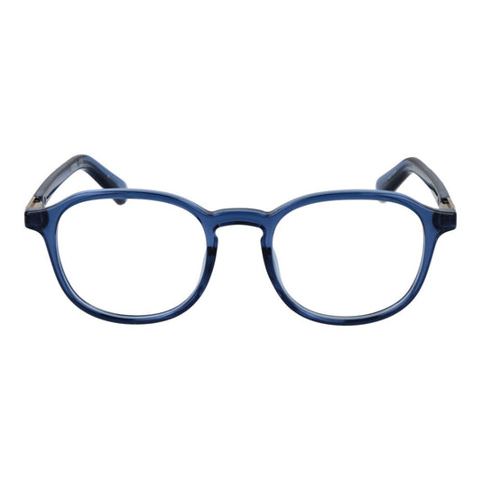 Guess Blue Unisex Glasses Frame with round full-rim style in blue plastic and metal, perfect for any gender. Includes branded case.