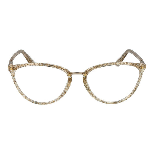 Guess Gold Women Glasses Frame in cat eye style with gold full-rim and plastic material, demo lenses, size 53-16-140, includes branded case.