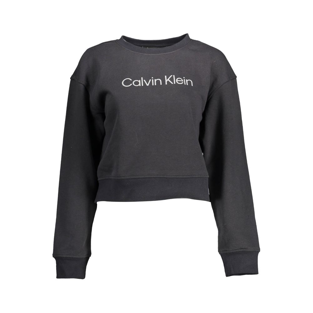 Calvin Klein Black Cotton Women Sweater with long sleeves and round neck, featuring iconic logo print for modern sophistication.
