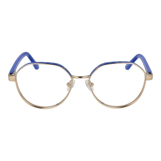 Guess Gold Women Glasses Frame with full-rim metal and demo lenses, featuring a round style with blue temple accents.