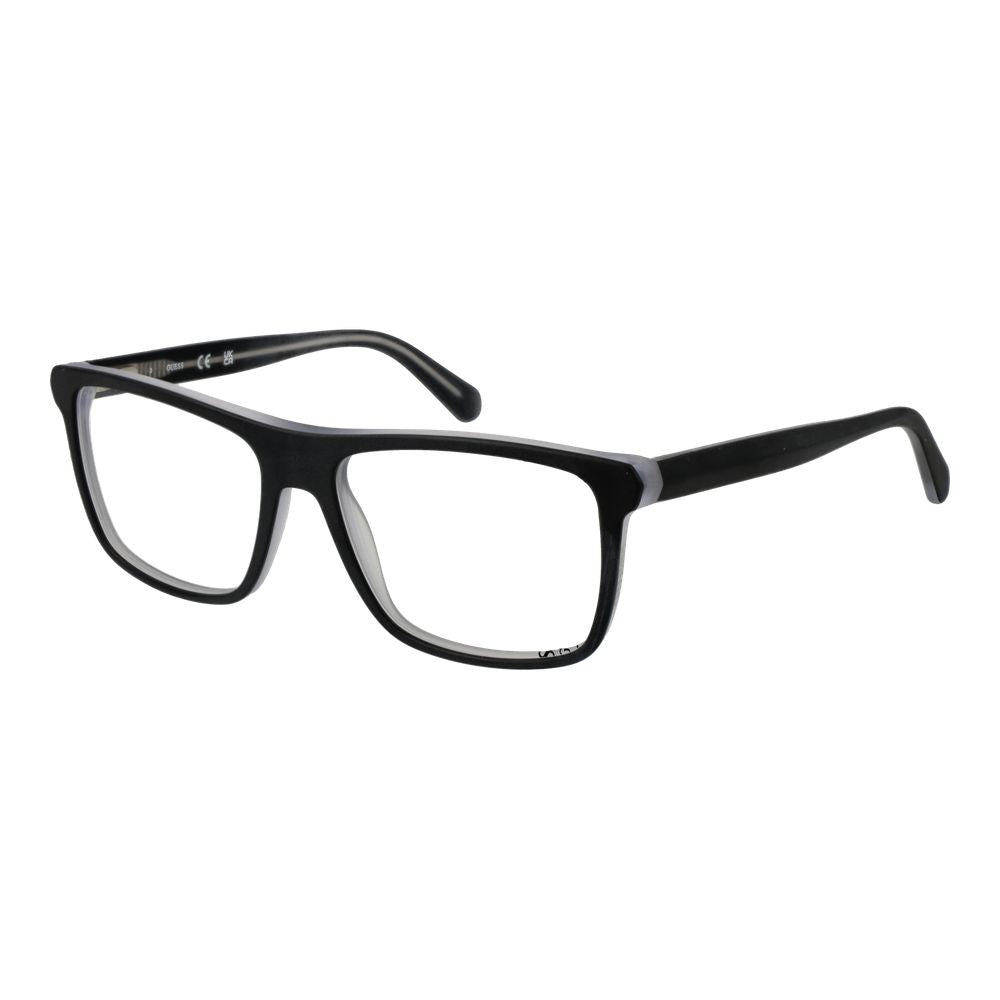 Guess Black Men Glasses Frame, acetate full-rim with demo lenses, rectangle style, 56-16-145 dimensions.