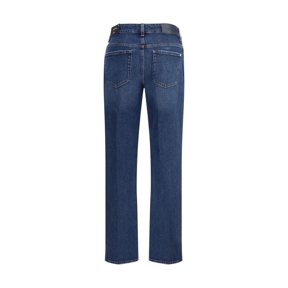 Back view of 7FOR Blue Cotton Straight-Leg Jeans with five-pocket design and belt loops.