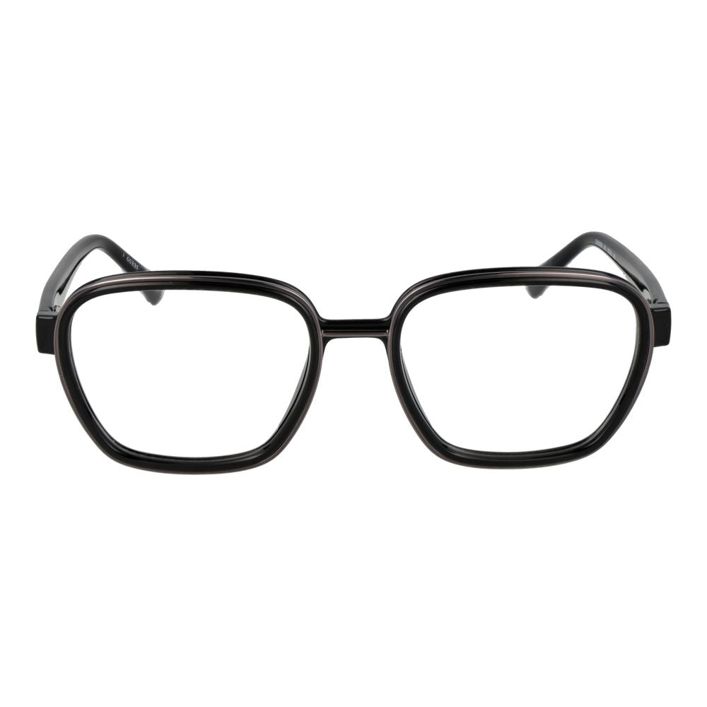 Guess Black Men Glasses Frame, black square full-rim plastic eyewear, 53-18-145, with demo lenses, spring hinge, branded case included.