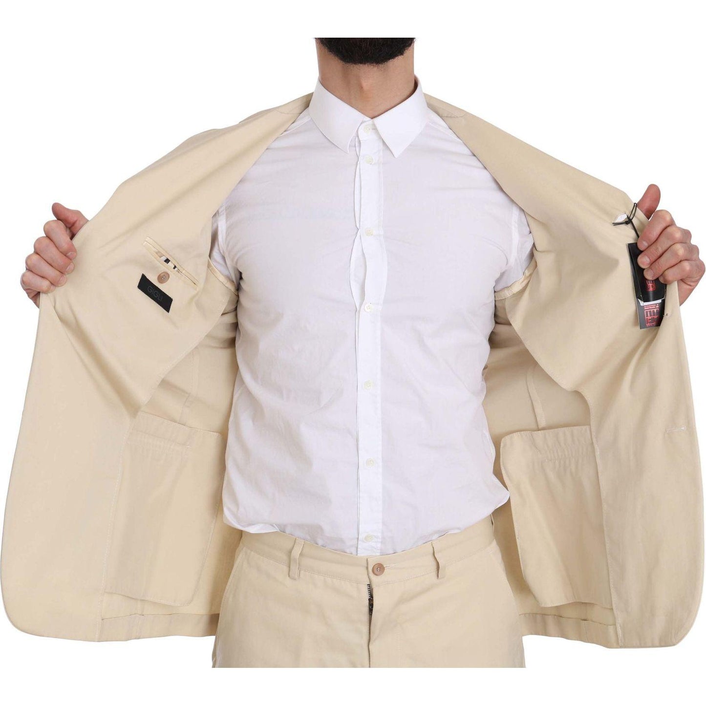 Romeo Gigli Two Piece 3 Button Beige Cotton Solid Suit