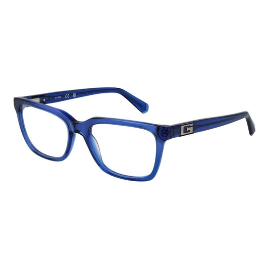 Guess Blue Men Glasses Frame in acetate with full-rim rectangle style and demo lenses, size 54-18-145, includes branded case.